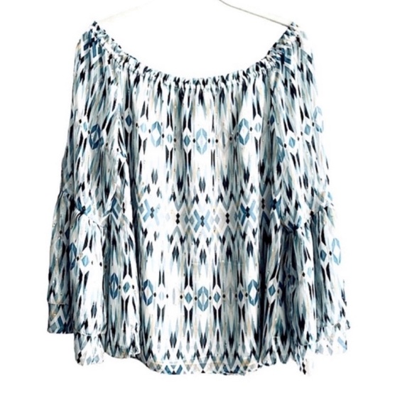 WHBM Off the Shoulder Bell Sleeve Blouse Metallic Threads Teal Blue Size L - Picture 1 of 14